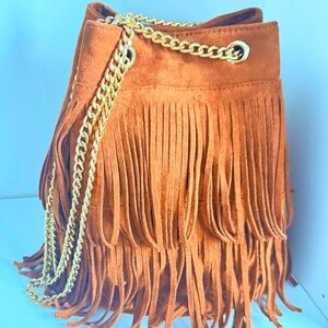 Fringed Brown Faux Suede Bucket Bag  NEVER WORN